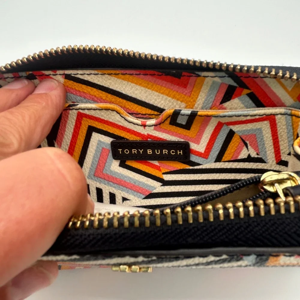 Tory Burch Geometric Chevron Zip Around Wallet Wristlet Orange Pink Black Gold